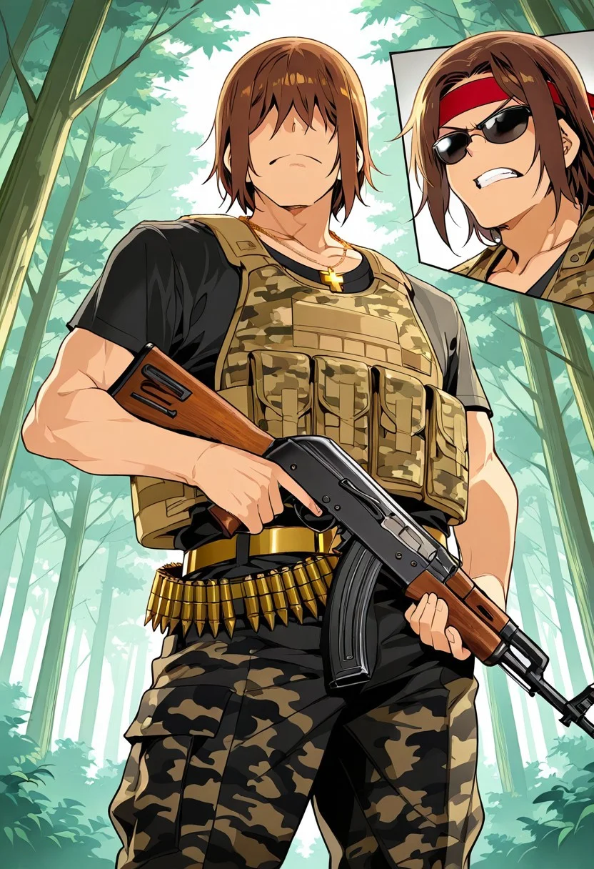 score_9, score_8_up, score_7_up, score_6_up, source_anime, BREAK, 1man, solo, (( <lora:hentai_mc:1> , hentai_mc, faceless, shaded face, toned body, manly, strong male, alfa male, short brown hair, hair over eyes, charismatic male, )) , ((very cool black-lens sunglasses, black shirt, black trousers with gold belt, thick gold yakuza necklace, )) , highly detailed, detailed background, red headband tied around forehead, military camo outfit, camo pants, bulletproof vest, holding rifle, AK-47, ammunition belt across torso, (angry), scowling, forest, from side and, below, close up, finger on trigger,