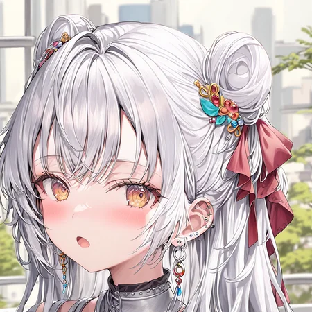 1girl, bangs, blurry background, blush, close-up, double bun, ear piercing, earrings, eyebrows visible through hair, hair bun, hair ornament, hair rings, jewelry, long hair, looking at viewer, open mouth, piercing, silver hair, solo ,<lora:momoko face XL-v1:1>