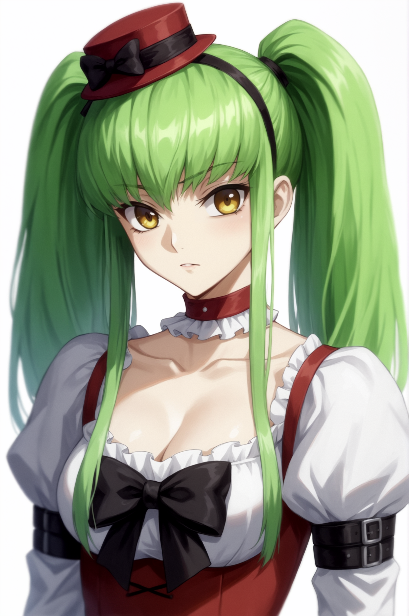 <lora:C.C.:0.7>  rating_all, score_10, score_8_up, score_7_up,  Zero's Mistress, upper body, white background, looking at viewer, twintails  <lora:sdxl_lightning_4step_lora:1.0>