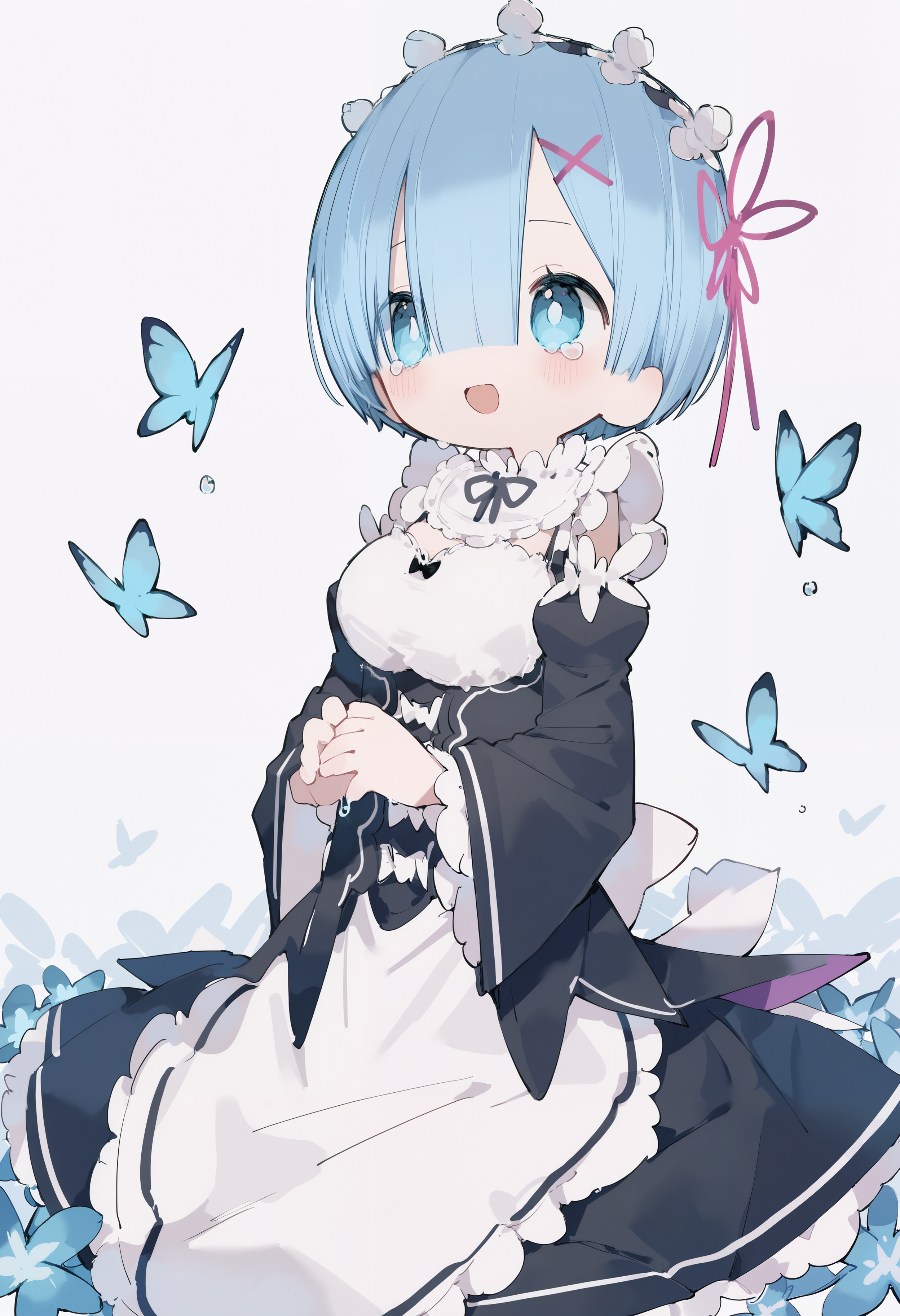amazing quality, newest, absurdres, hires, chromatic abberation,  1girl, solo, :D, short hair, rem \(re:zero\), roswaal mansion maid uniform, blue hair, blue eyes, blue butterly, butterfly hair ornament, wariza, own hands together, crying with eyes open, looking up,   <lora:NanmoKaken>