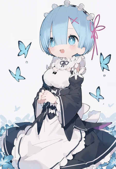 amazing quality, newest, absurdres, hires, chromatic abberation, 1girl, solo, :D, short hair, rem \(re:zero\), roswaal mansion maid uniform, blue hair, blue eyes, blue butterly, butterfly hair ornament, wariza, own hands together, crying with eyes open, looking up, <lora:NanmoKaken>