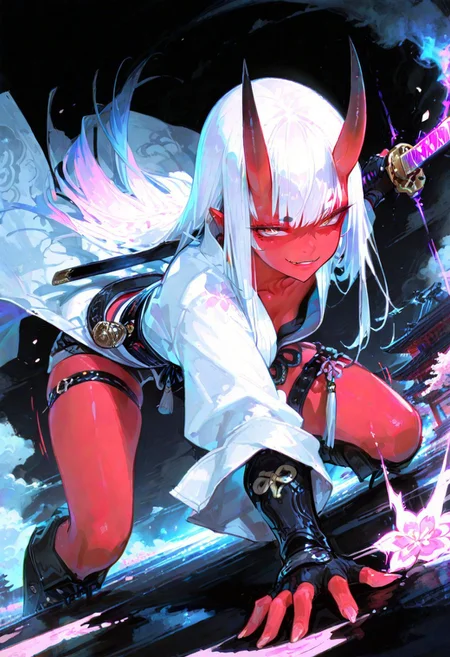 masterpiece, best quality, amazing quality, very aesthetic, absurdres, newest, holographic colors, cute, gradient colors, dark background, masterpiece, best quality, amazing quality, very aesthetic, volumetric lighting,1girl, uncensored, 
BREAK
nsfw, 
 ambient occlusion, intricate cinematic background, (beautiful face), 
BREAK
masterpiece, highly detailed,1girl, solo, beautiful eyes, big eyes, detailed eyes, detailed pupils, perfect body,
(sexy, slutty, hot)
BREAK
flirting:2.0,
Aka-Oni, oni, colored skin, red_skin, straight horns, long hair, uncensord, collarbone, cherry blossom, painting the cloud, looking at viewer, holding katana, yellow eyes,
(Sexy lips), 
tassel, white coat, gloves, fingerless gloves, belt, waist cape, shorts, thigh strap, knee boots, action pose, hand on floor, smirk, motion lines, dutch angle,