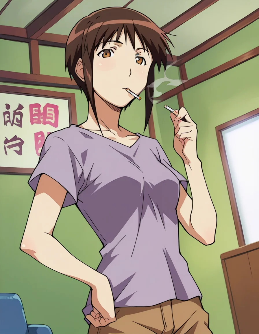 score_9, score_8_up, score_7_up, source_anime,
harukaurashima, <lora:haruka-urashima-ponyxl-lora-nochekaiser:1>,
haruka urashima, short hair, brown hair, brown eyes,
shirt, shorts,
indoors, smoking, cigarette,
looking at viewer, dutch angle, cowboy shot,