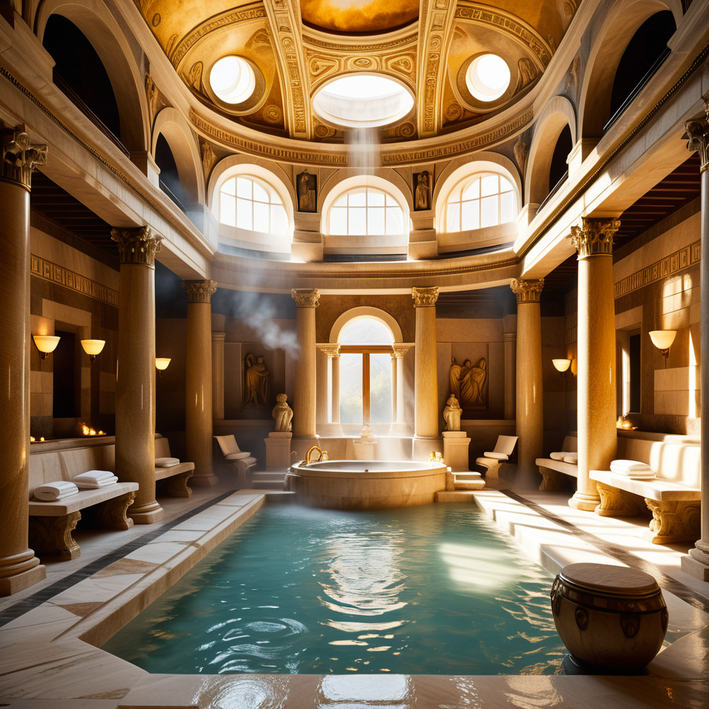 A highly detailed and realistic photograph of an ancient Roman sauna (thermae) from the time of Caesar, featuring grand marble architecture with intricate carvings and columns. The central bath is filled with steaming water, surrounded by polished marble tiles and mosaics depicting mythological scenes. The room is illuminated by natural light streaming through small openings in the high, domed ceiling, creating soft shadows and reflections on the water's surface. The atmosphere is hazy from the steam, and a few individuals dressed in Roman togas and tunics can be seen reclining on benches or chatting near the bath. The overall color palette includes shades of white, gold, and earthy tones, emphasizing the luxurious and serene environment.<lora:SDXLFaeTastic2400:0.4> <lora:extremely_detailed:0.4> extremely detailed, Masterpiece,best quality,hi res,8k,hi res,8k,award winning,(sharp focus, intricate, highly detailed),
