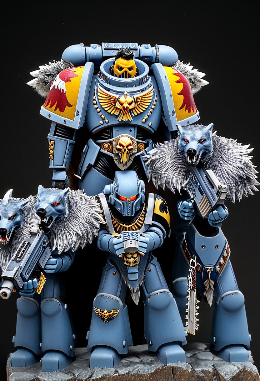 Absurdres, score_9_up, Source: Warhammer40K, Spacewolves Astartes chapter space marines wielding bolter guns, gray power armor with fur trim and astartes helmets, wolf motifs, (masterpiece), best quality, expressive eyes, perfect face, 1, space marine, Painstaking Attention To Details, 1990s \(style\), Vintage, Vintage comic book cover of White Dwarf Tabletop Adventures, project unreal engine, volumetric lighting, perfect anatomy, perfect hands, detailed_eye_model, black background, graffiti, blgstyle, ImperialF40k, <lora:PeopleCountSliderLoRAv1:2.0>, <lora:756af36b-d5fa-496f-b9a1-088c62f0c527:0.7>, <lora:6f3a2b85-aa03-4ab1-9f9a-e816ad4b1121:0.7>, <lora:cf26021c-0e88-4b06-9329-8702e6590716:0.7>, <lora:_raging_flames:0.7>, <lora:warhammerAdeptus_v1:0.7>, <lora:e6084b5e-a05d-475d-8afe-925ae03a434b:2.0>, <lora:b8dcc527-1d03-4fe2-ab9e-341ce407290f:0.7>, , , ,