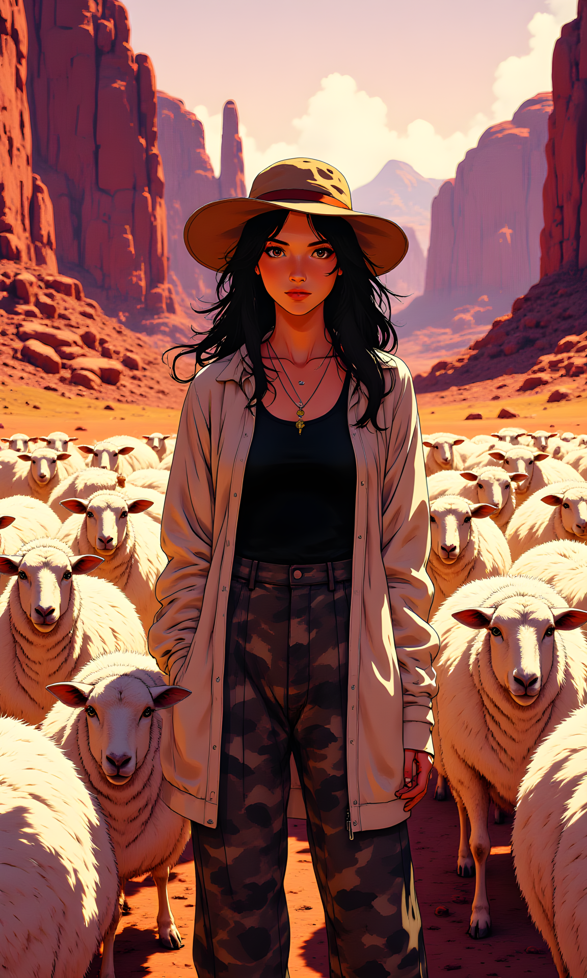 A woman standing between herd of white sheeps in a desert landscape, with large rock formations and mountains in the background. She has long, dark hair that flows freely, adding to the overall sense of movement and freedom. Her expression is serious and contemplative, with her gaze directed straight at the camera.
Her facial expression is intense and focused. She has a neutral look on her face, which conveys a sense of strength and determination. Her eyes are wide open, creating a connection with the viewer and drawing attention to her features.
She is standing upright with her hands resting on her hips, creating a confident and assertive pose. Her body language suggests she is comfortable and at ease in the environment. The way she stands adds to the overall sense of power and presence.
The woman is wearing a wide-brimmed hat, which provides shade and protection from the sun. She has on a light-colored, patterned jacket that is slightly oversized, giving a relaxed and stylish look. Underneath the jacket, she is wearing a black top, which contrasts with the lighter colors of her outerwear. Her pants are dark and have a unique pattern, adding an element of visual interest to her outfit. She also has a necklace around her neck, which adds a touch of elegance and personal style.
The camera is positioned at eye level, capturing the woman from a frontal perspective. This angle allows for a direct and intimate view of her face and upper body. The framing is tight, focusing primarily on her and the immediate surroundings.
The lighting in the image is warm and golden, likely from the setting or rising sun, given the soft glow on her face and clothing. The light highlights the texture of her hair and the details of her outfit, creating a warm and inviting atmosphere. The shadows are soft and subtle, adding depth and dimension to the image without overpowering the subject.
The background features a group of sheep standing on a desert at the far background vast desert landscape with large rock formations and mountains in the distance. The sheep are positioned close together, with their woolly coats and distinctive features clearly visible. They appear to be looking directly at the camera, creating a sense of connection with the viewer. 
The sheep have calm and neutral expressions. Their eyes are open, and they seem to be observing their surroundings or the photographer. The overall mood conveyed by their expressions is one of tranquility and contentment. 
The sheep are standing in a relaxed manner, with their bodies facing forward. Their legs are slightly apart, providing a stable stance. The way they are positioned suggests they are comfortable and at ease in their environment.  The sky is a mix of purple and orange hues, suggesting either sunrise or sunset. The overall setting is serene and peaceful, providing a beautiful backdrop for the image.
The composition is well-balanced and harmonious, with the woman centered in the frame. The lines of the rock formations and the direction of her gaze guide the viewer's eye through the image, creating a sense of movement and interaction. The contrast between the warm tones of her clothing and the cooler tones of the background enhances the overall visual impact. The overall effect is one of beauty and tranquility, capturing a moment of quiet reflection in a stunning natural setting.
BREAK j_art, anime, anime art, <lora:FLUX\RetroAnimeS1.1:0.1>, <lora:FLUX\GLSHS:0.1>, <lora:FLUX\Dieselpunk Delight - s0_9 g4:0.1>, <lora:FLUX\Anime Art V3:0.1>, <lora:FLUX\jul\J_Anime:1.0>