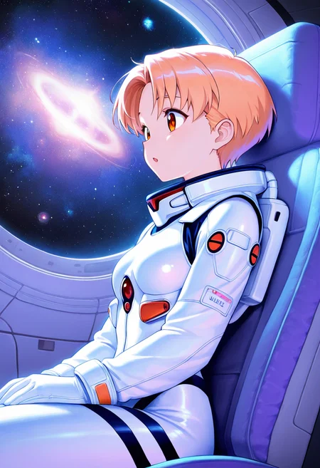 rei ayanami, ultra detailed, masterpiece, best quality, 1girl, solo, adult, indoors, space suit, sitting, seat, windows, futuristic vehicle, space, stars, galaxy, pastel colors, vintage, intricate detailed, finely detailed, amazing detail, from side, smile, :o, awe, shadows, dim lighting, cowboy shot,