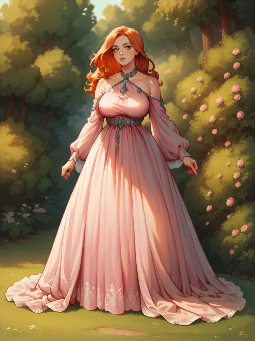 score_9, score_8_up, score_7_up, score_6_up, score_5_up, score_4_up, long hair, ginger hair, large breasts, <lora:Fr3ckledXLP:0.3> Fr3ckles,1girl, freckles, grey eyes <lora:v0gp1nkXLP:0.5>v0gp1nk,bare shoulders,pink dress,long sleeves,full body,