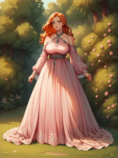 score_9, score_8_up, score_7_up, score_6_up, score_5_up, score_4_up, long hair, ginger hair, large breasts, <lora:Fr3ckledXLP:0.3> Fr3ckles,1girl, freckles, grey eyes <lora:v0gp1nkXLP:0.5>v0gp1nk,bare shoulders,pink dress,long sleeves,full body,