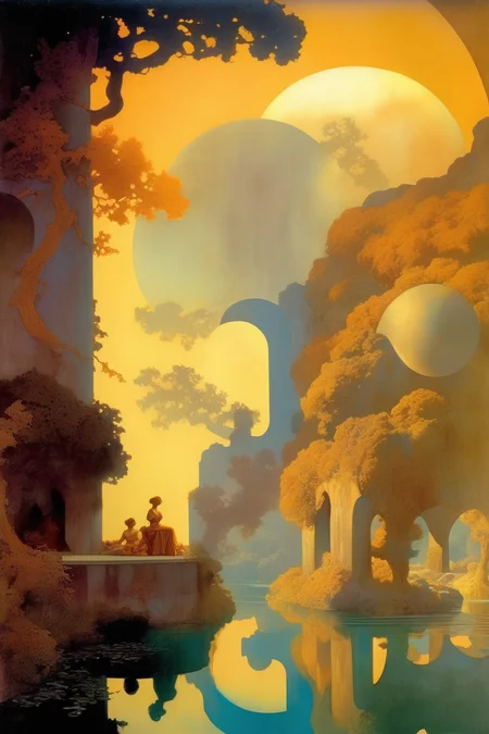 <lora:Maxfield Parrish Style:1>Maxfield Parrish Style - ethereal utopia hyper realistic warm colors maxfield parrish
