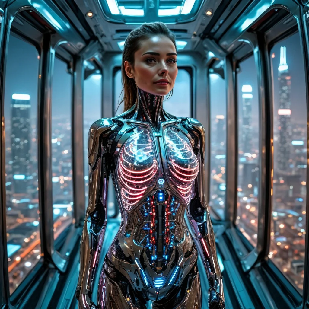 FULL BODY SHOT, extremely detailed, (DYNAMIC POSES:1.5) FO A BEAUTIFUL FEMALE ANDROID (SEDUCTIVE SMILING:1.3), looking at the camera, IN A HIGH TECH FUTURISTIC LIFT OVERLOOKING THE CITY, LEDS,BIOMECHANICAL BODY PARTS, (glass TRANSPARENT ULTRA DETAILED BODY:1.5) SHOWING CIRCUITRY INSIDE THE BODY, Detailed hand, , Perfect hand,ANDROID