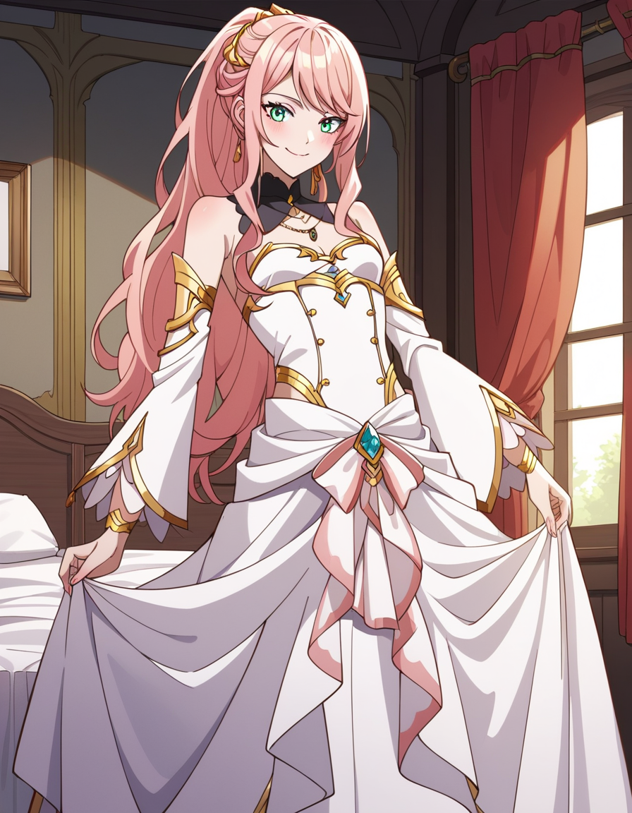 score_9, score_8_up, score_7_up, source_anime, uncensored, <lora:StS_detail_slider_v1:3>, zPDXLxxx, <lora:Lexia_Von_Arselia_PONYXL_VexVexX:1>, LexiaVonArselia, green eyes, pink hair, blonde hair, long hair, ponytail, wavy hair, bangs, makeup, medium-small breasts, dress, long dress, white dress, bare shoulders, jewelry, detached sleeves, detached collar, cowboy shot, bedroom, __PERSPECTIVE__, __POSES_CLOTHES_2__, smile,