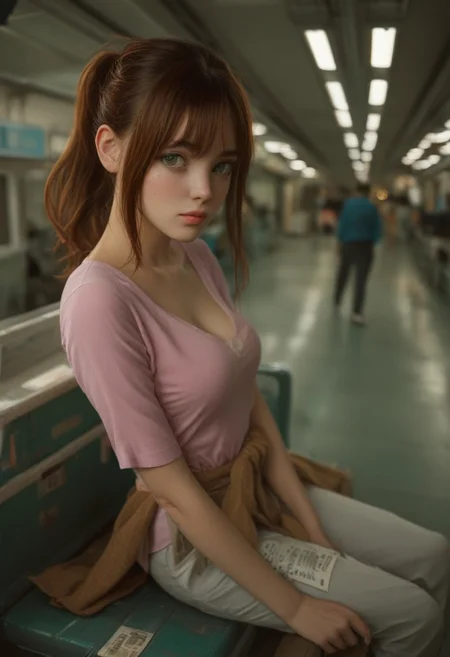 score_9, score_8_up, score_7_up, source_anime, <lora:sexercise-soohyun-yoo-manhwa-ponyxl-lora-nochekaiser:1>, soohyun yoo, long hair, bangs, brown hair, green eyes, ponytail,, shirt, cleavage, pants, clothing cutout, cleavage cutout, pink shirt, clothes around waist, airport, waiting area, suitcase, flight delayed, passengers, reading book, , sitting, elbow rest, table,, looking at viewer, solo,, dutch angle, cowboy shot