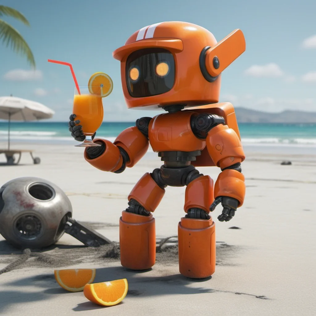 an orange robot, having a cocktail on a beach, post apocalyptic,  crashed airplaine background, highly detailed,  photography, ultra sharp, film, professional, 64k  <lora:add-detail-xl:1.5> <lora:Orange Robot1024:0.6>