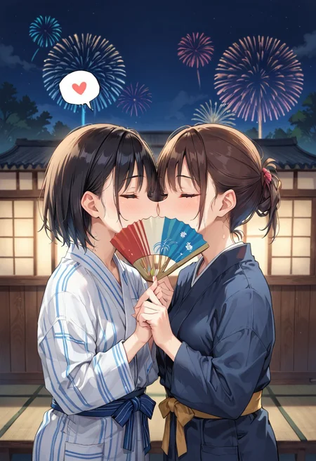 score_9, score_8_up, score_7_up,
source_anime,
BREAK 
2girls,
yukata,
smile,
closed eyes,
spoken hearts,
BREAK 
paper fan covering face,kiss,kissing,paper fan shelf,
holding paper fan,
outdoor,night,aerial fireworks,japanese architecture,