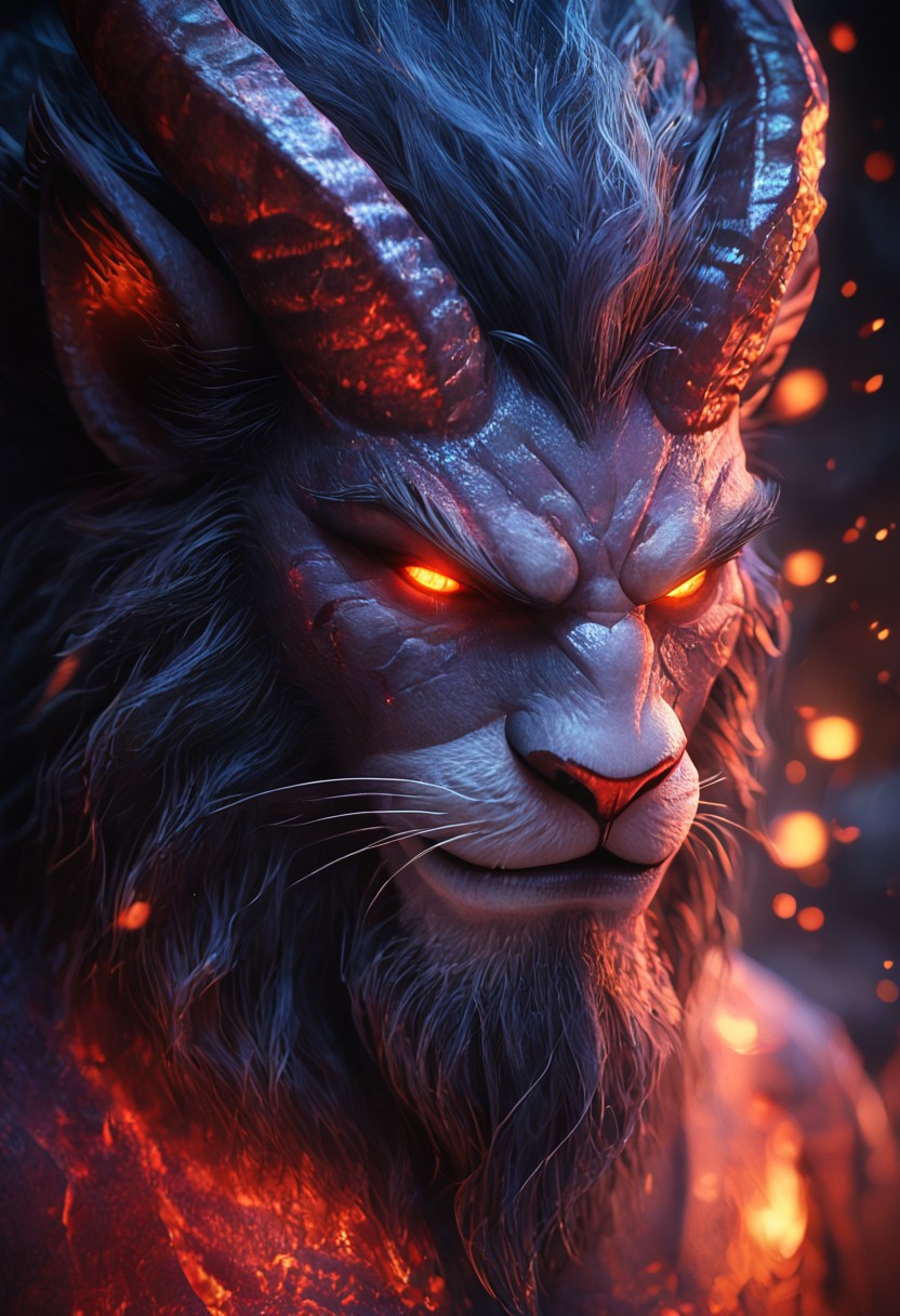 score_9, score_8_up, score_7_up, score_6_up, score_5_up, score_4_up, lion king, solo, close up, portrait, male lion king demon, horns, glowing eyes, purple fire, red tattoos, ornate woven silver clothing, delicate silver accessories. full body, face focus. Cinematic lighting with blue flames sparks and embers floating in the background create a fiery scene with high contrast, volumetric rays and bokeh. hkevil, masterpiece, best quality, highly detailed, sharp focus, dynamic lighting:1.2) hkevil, masterpiece, best quality, highly detailed, sharp focus, dynamic lighting