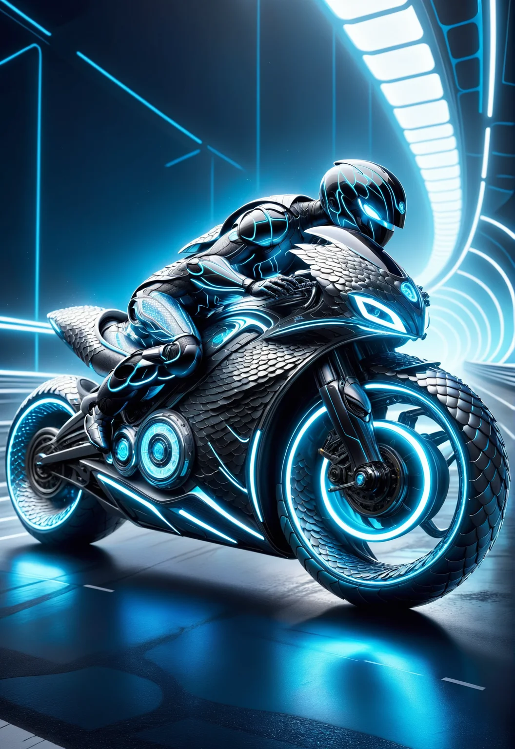 Digital art, Tron lightcycle racing with the speed of light, motorcycle made from scales, a trail of intense light follows the speeding cycle, image evokes the sensation of speed, frozen movement, insane intricate detail, award winning art, raytracing, 8k, hdr, masterpiece, highly detailed, vibrant colors, minimalist, glitch aesthetic, supersymmetry
<lora:dvrscls:0.8> dvrscls