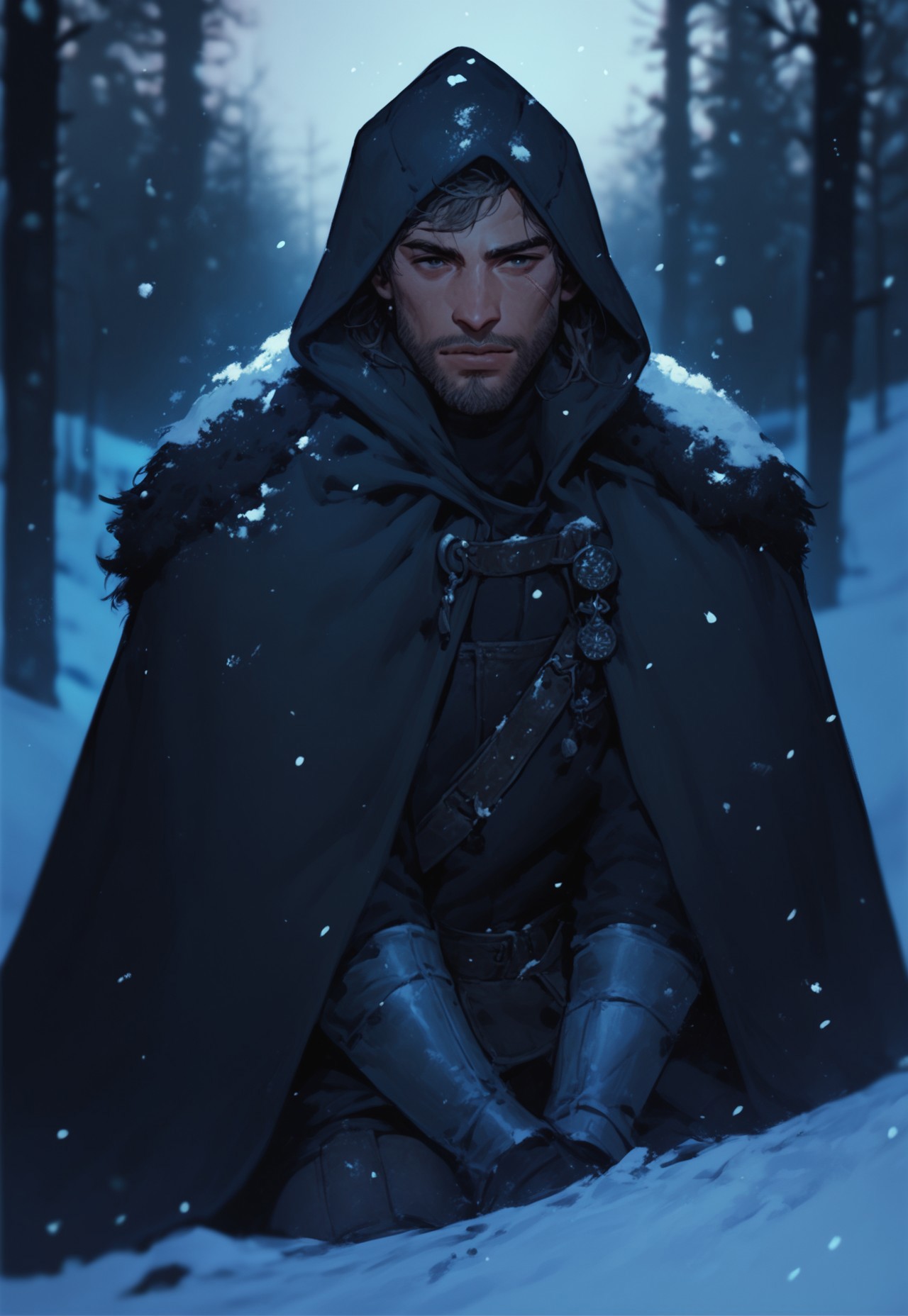 Score_9, score_8_up, score_7_up, score_6_up, score_5_up, score_4_up, cloak, 1man, hood up, solo focus, depth of field, source_anime, semi-realism, outdoors, snow falling, winter, middle ages, shadows, sharp focus, illustration, 2k, scar on face, light beard, 