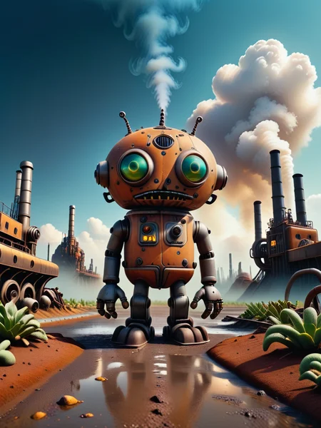 [photo focus on  robopop robot city metropolis ,  industrial zone , mars desert, alien vegetation, cloudy, smoke, river oil
 <lora:Robopop:0.75>, film, professional, 4k, highly detailed, absurdres, detailed, macro details, 8k, hyper realistic, texture surface details] logo in grafitti style font, key visual, hdr, simple background, by, form, orange green red blue theme