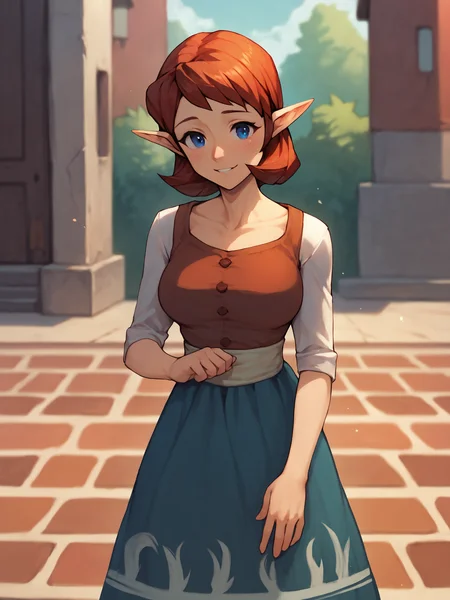 score_9, score_8_up,sharp focus,, absurdres, highres, illustration, depth of field, outdoors, anjuxl, 1girl, solo, breasts, looking at viewer, blush, smile, short hair, blue eyes, skirt, large breasts, brown hair, dress, collarbone, red hair, pointy ears, <lora:anjuxl:1>