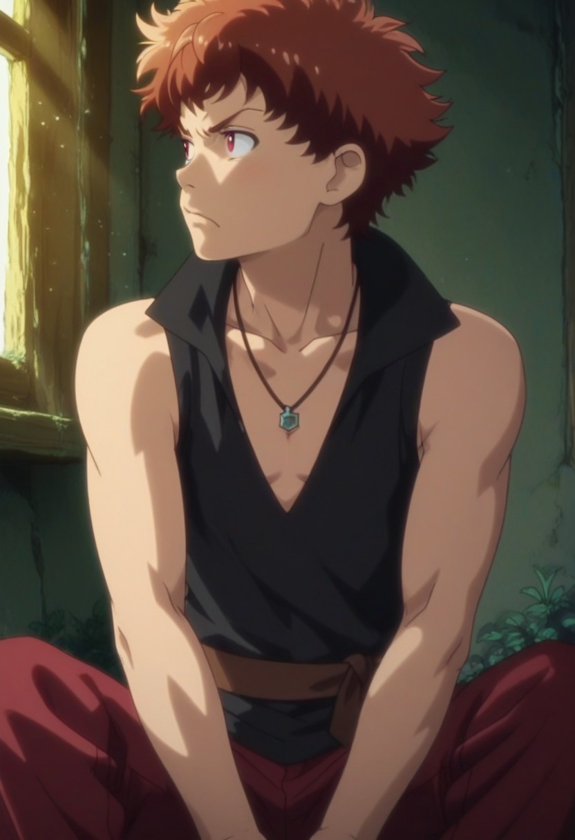 Anime, anime screencap, anime coloring, official art, ((1male only, 1boy only, male focus, one male character only, single male character only, single illustration only, single frame only)), cute, kawaii, attractive, handsome, good-looking, sexy, fit body, toned figure, lean figure, Ranta, red-auburn hair, red eyes, black sleeveless shirt, popped collar, v-neck, low neckline, necklace, brown belt, red pants, cowboy shot, head to hips shot, sitting, spread legs, knees up, elbows on knees, side view, side shot, facing sideways, view from above, grumpy expression, sunrays