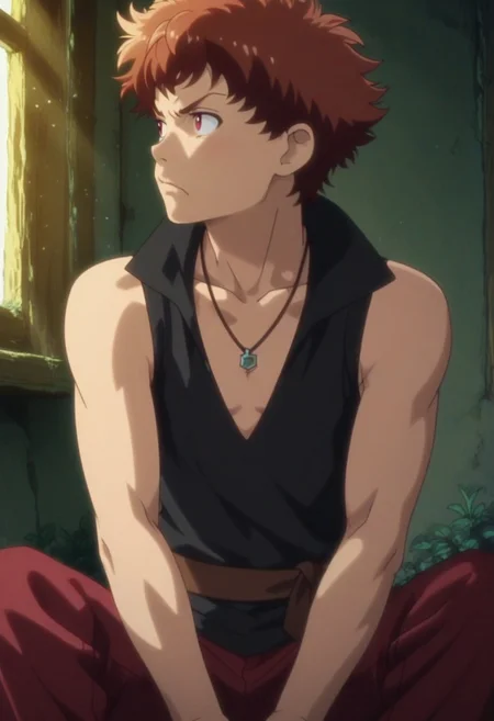 Anime, anime screencap, anime coloring, official art, ((1male only, 1boy only, male focus, one male character only, single male character only, single illustration only, single frame only)), cute, kawaii, attractive, handsome, good-looking, sexy, fit body, toned figure, lean figure, Ranta, red-auburn hair, red eyes, black sleeveless shirt, popped collar, v-neck, low neckline, necklace, brown belt, red pants, cowboy shot, head to hips shot, sitting, spread legs, knees up, elbows on knees, side view, side shot, facing sideways, view from above, grumpy expression, sunrays