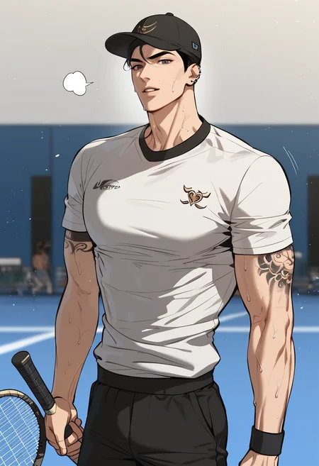 score_9,score_8_up,score_7_up,1boy,solo,yaoi,bara,male focus,fairly nsfw,uncersored,highres,best quality,amazing quality,best aesthetic,absurdres,<lora:add-detail-xl:1>,<lora:Expressive_H:1>,Expressiveh,<lora:jaekung:0.6>,jaekung,tattoo,arm tattoo,tennis_uniform,standing,holding hat,looking at viewer,sweat,parted lips,