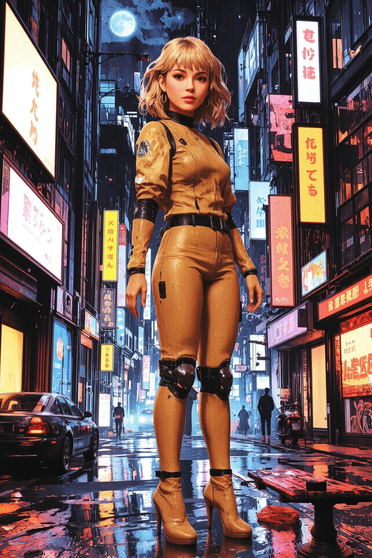 hair flaps natural blonde hair young cyberpunk woman, anime, illustration, cyberpunk, futuristic, extremely detailed, portrait, standing, happy smile, beautiful cyberpunk tokyo buildings landscape, wet floor, windows, car, motorbike, moon in the sky, bright neon lights, screen holograms, kanjis, raytracing, hdr, high contrast, cinematic lights, backlight, reflections, legs, heels, sharp focus, luminous Fun Yellow robot glossy brilliant armor, body lights, body circuits, glossy lipstick, necklace, hoop earrings, colorful, retrowave, shadows, vibrant colors, colorful, bright, pretty, beautiful, feminine, sexy, lovely, in love, adorable, fashion, <lora:Hand v2:1> <lora:Anti-Blur:2> <lora:Insane Detail Slider:0.5>  <lora:flux.1_lora_flyway_Epic-detail_v2:0.3><lora:fluxenhancer:0.5> <lora:RetroAnimeFluxV1:0.3> <lora:CPA:0.6> <lora:Luminous_Shadowscape:0.3>  <lora:Neon_Noir_FLUX:0.4> mad-neon-noir  <lora:bv-cybstyenh-v1_rank16_bf16:0.3>