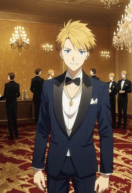 high resolution, professional photography, best quality, 1Boy, Yamato Ishida, blond hair, deep blue eyes, necklace, ballroom, luxury hotel, tuxedo, smile, mysterious, confident, rich, OverallDetail