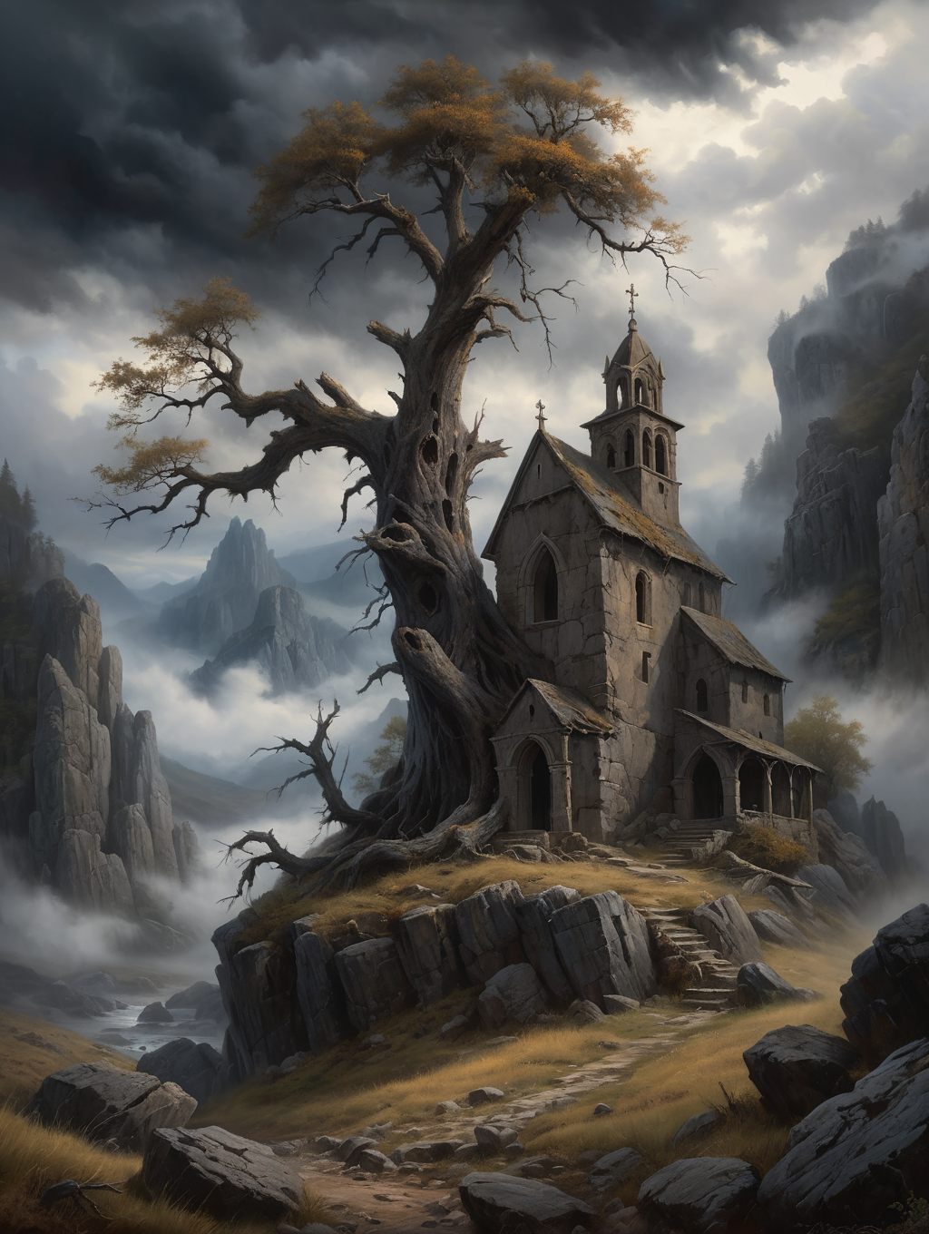 oil painting, A forgotten monastery in the mountains, 34K uhd, masterpiece, high detail, 8k, intricate, detailed, high resolution, high res, high quality, <lora:add-detail-xl:1.8>, highly detailed, Extremely high-resolution details, fine texture,