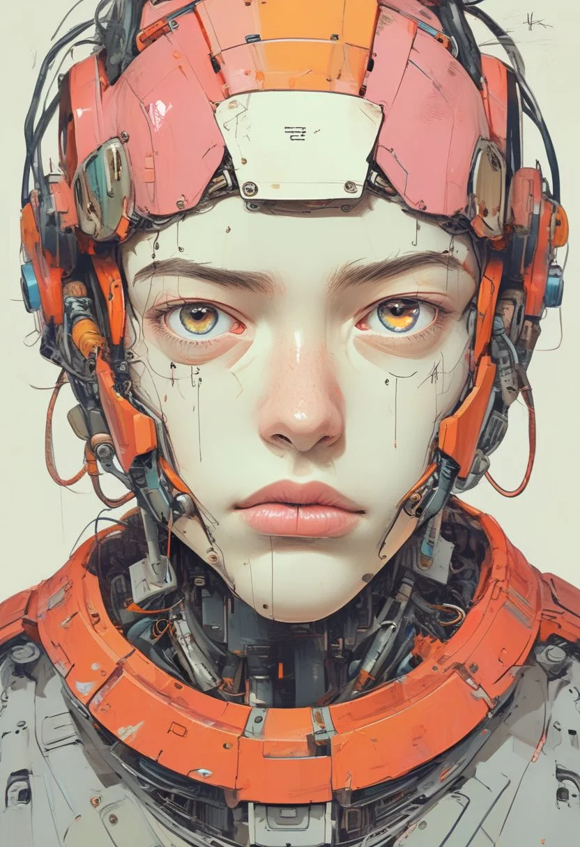 humanoid robot head illustration,Style-Lab, Clean lines, Sharp edges, Minimalist, Precise geometry, Simplistic, Smooth curves, Bold outlines, Crisp shapes, Flat colors, Illustration art piece, High contrast shadows, Technical illustration, Graphic design, Vector graphics, High contrast, Precision artwork, Linear compositions, Scalable artwork, Digital art, (Studio ghibli style, Art by Hayao Miyazaki:1.2), Anime Style, Manga Style, front ortho view, niji style, viberant color, Kusanagi Motoko
