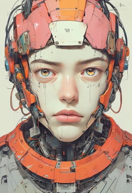 humanoid robot head illustration,Style-Lab, Clean lines, Sharp edges, Minimalist, Precise geometry, Simplistic, Smooth curves, Bold outlines, Crisp shapes, Flat colors, Illustration art piece, High contrast shadows, Technical illustration, Graphic design, Vector graphics, High contrast, Precision artwork, Linear compositions, Scalable artwork, Digital art, (Studio ghibli style, Art by Hayao Miyazaki:1.2), Anime Style, Manga Style, front ortho view, niji style, viberant color, Kusanagi Motoko