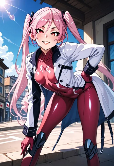 <lora:(felicia_taimanin)>, vampire fangs, long nails, flat chest, red eyes, pink hair, petite,
<outfit_set:(outfit_set_taimanin_bodysuit_and_coat)>, blue bodysuit, white coat,
<hair_style:(huge_long_twin_tails)>,
<view:(side_view)>,
<game_cg, ai_generated, score_9, score_8_up, score_7_up, score_6_up, masterpiece, best quality, newest, amazing quality, highres, intricate details, ultra-detailed, wind effect, hot illumination, clouds, walls, shadows, streets, photo background, detailed background, accurate wind effect, accurate shadows, accurate hands, translucent eyes>,
<looking at viewer, in front of viewer, hand open in front of mouth, hand closed on hip, standing, bent over, lips, mouth, closed teeth, wide mouth, smug face, sneer, curvy, half closed eyes>