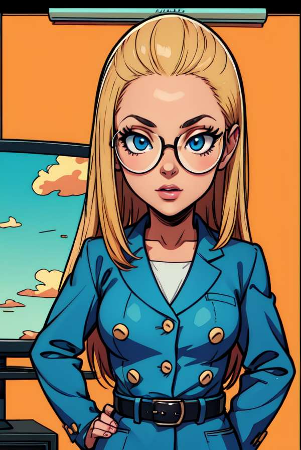 Silvia, long hair, glasses, belt, blue jacket, pantyhose, black heels, standing, upper body, hands on hips, town, tv set, 
(insanely detailed, beautiful detailed face, masterpiece, best quality)  white buttons, 
 <lora:Silvia-10v7:0.7>