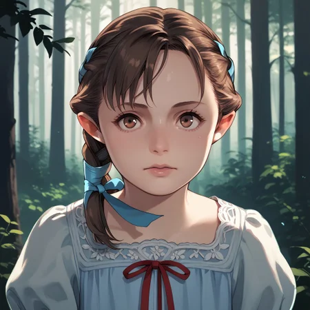 score_9, score_8_up, score_7_up, score_6_up, natalia-korda, resident evil, 1girl, dress, ribbon, brown eyes, brown hair, lips, braid, upper body, forest, face focus