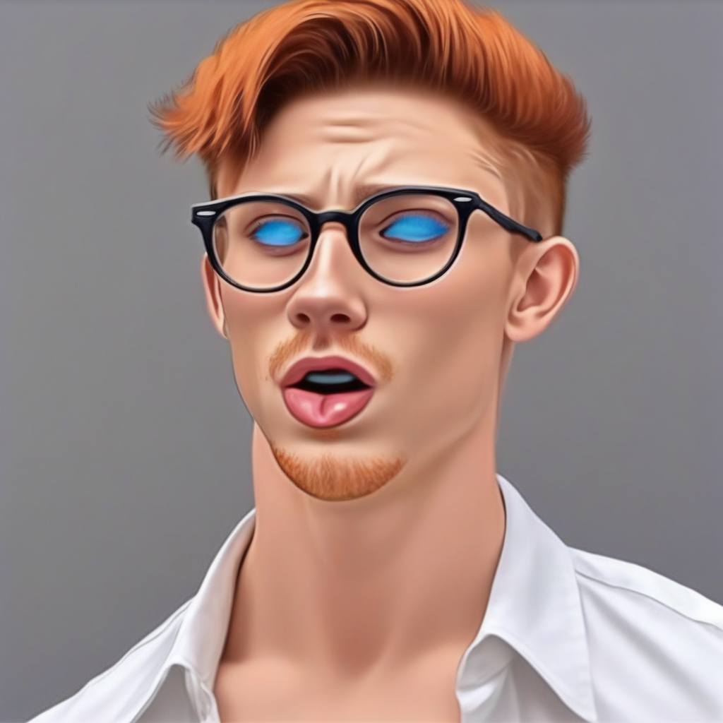 Photo of a pretty man wearing glasses, with blue eyes and ginger hair deepthroating a man, cum dripping from mouth, short rainbow colored  hairstyle, face pressed against crotch,Nikon Z9, realistic matte skin, skin texture visible, cum on face, bukakke, pale skin,  (sharp focus), (high quality),(face visible),(pov_deepthrt), in office, open white shirt, flat fhest pectoral muscles,