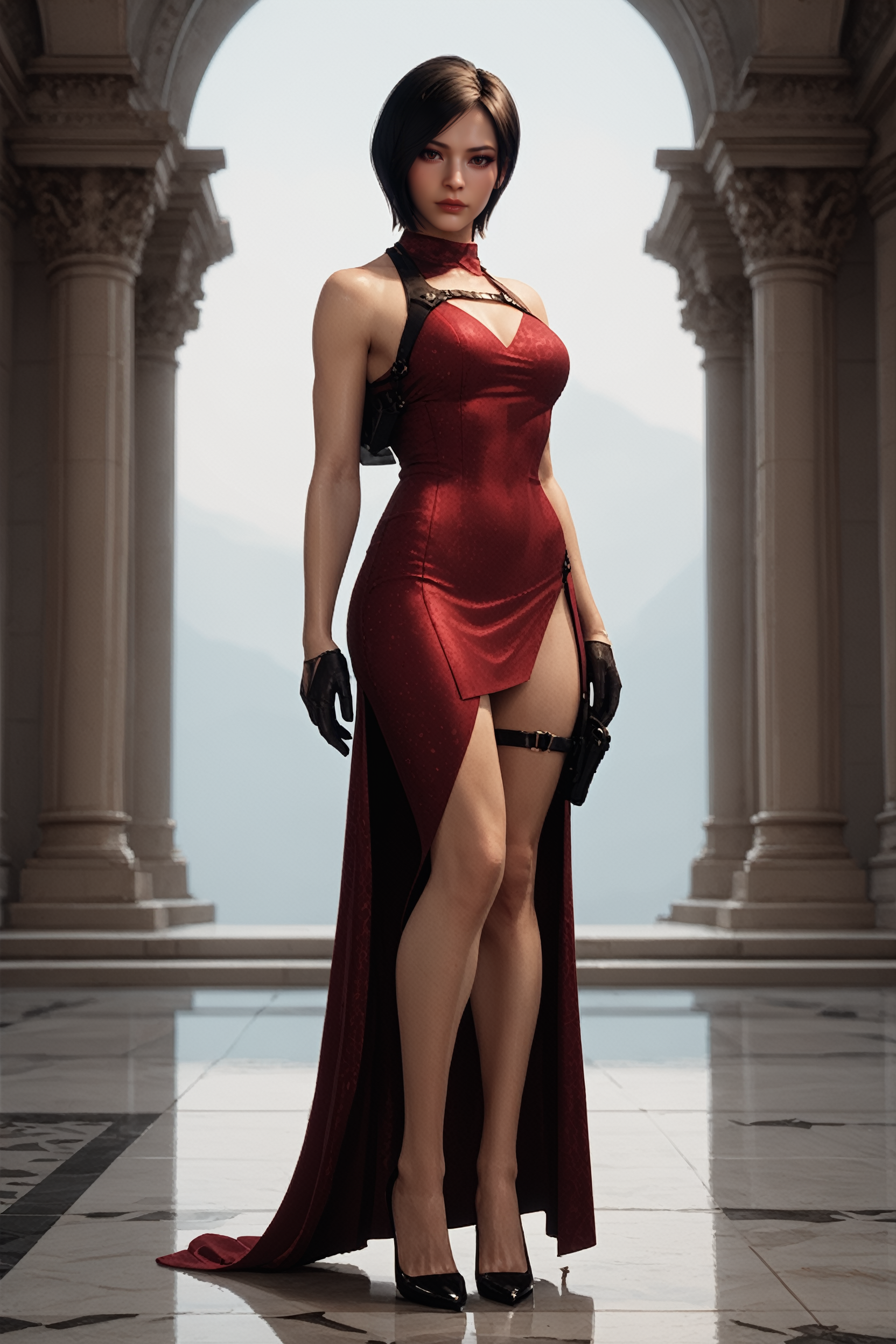score_9, score_8_up, score_7_up, score_6_up
<lora:RER4Ada:0.8>
RE4Ada, 1girl, black hair, short hair, brown eyes, looking at viewer, Red dress, high slit, black lace detailing, halter neckline, black gloves, black heels, thigh holster, elegant, tactical, minimalist accessories, full body, dynamic pose