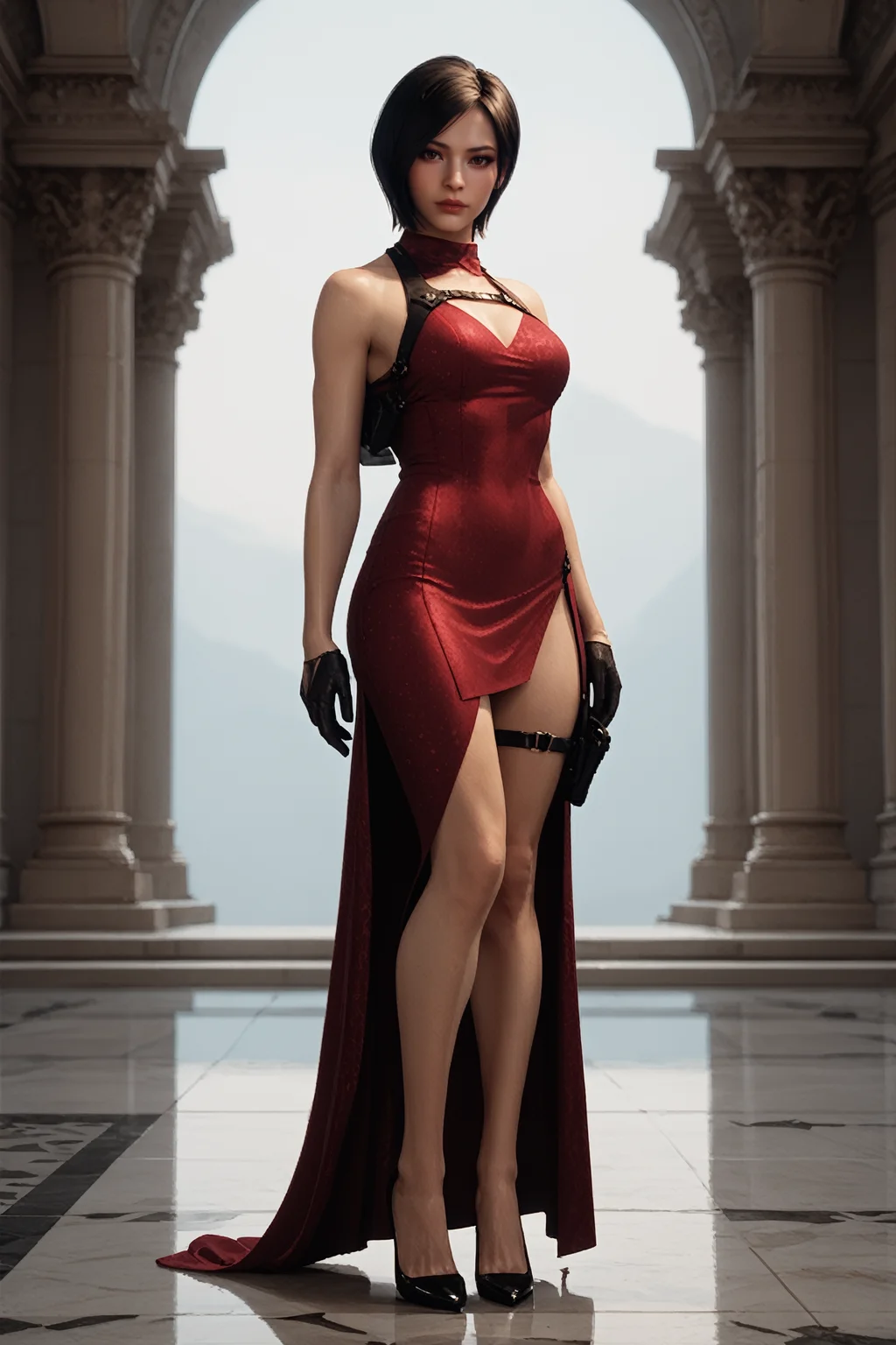 score_9, score_8_up, score_7_up, score_6_up
<lora:RER4Ada:0.8>
RE4Ada, 1girl, black hair, short hair, brown eyes, looking at viewer, Red dress, high slit, black lace detailing, halter neckline, black gloves, black heels, thigh holster, elegant, tactical, minimalist accessories, full body, dynamic pose
