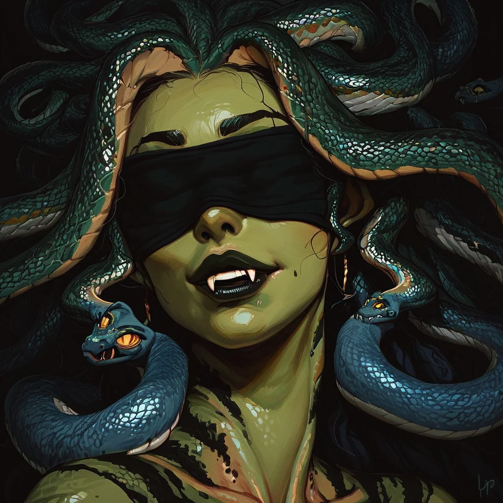 score_9, score_8_up, score_7_up, score_6_up, source_cartoon, black outlines, 1girl, portrait face, (close up:1.5), white background, simple background, gorgon, naga, snake girl, snake hair, black lips, green skin, blue stripes, smug expression, blindfold, snake fangs