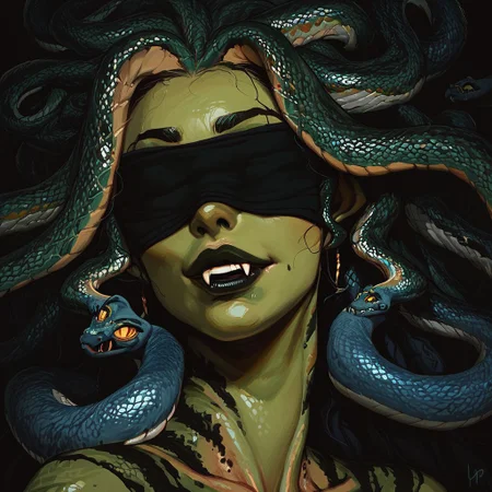 score_9, score_8_up, score_7_up, score_6_up, source_cartoon, black outlines, 1girl, portrait face, (close up:1.5), white background, simple background, gorgon, naga, snake girl, snake hair, black lips, green skin, blue stripes, smug expression, blindfold, snake fangs