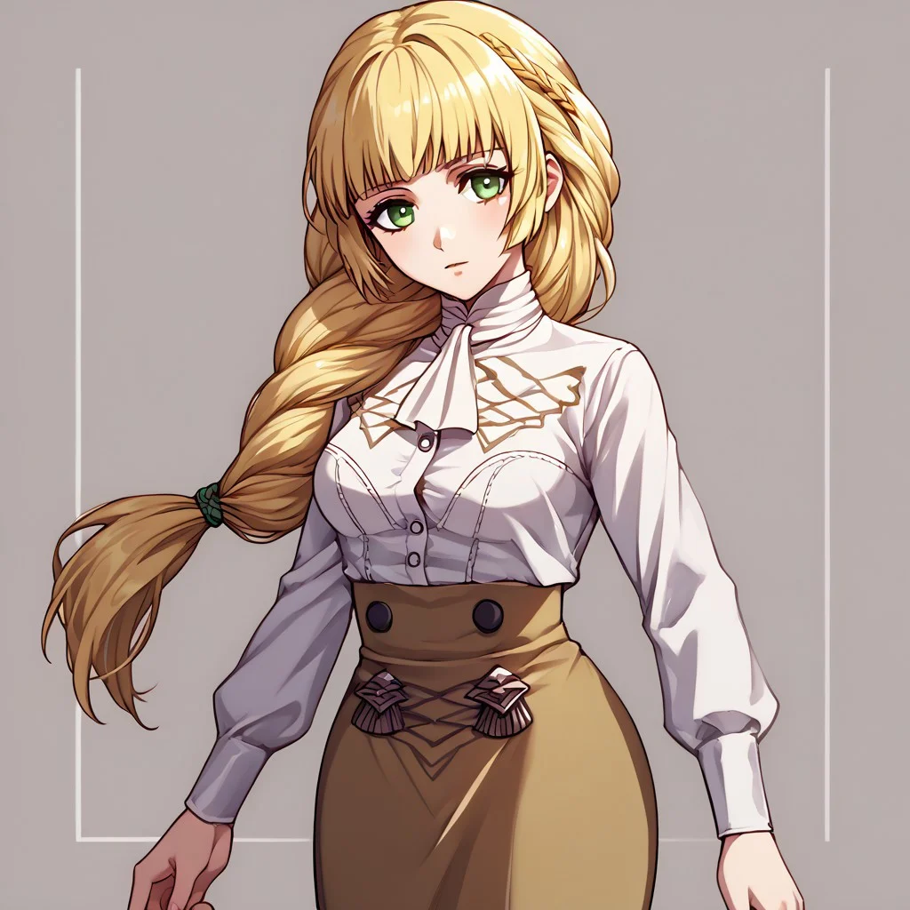 1girl, breasts, brown_skirt, cowboy_shot, garreg_mach_monastery_uniform, high-waist_skirt, long_sleeves, looking at viewer, neckerchief, official_alternate_costume, pencil_skirt, shirt, shirt_tucked_in, simple_background, skirt, solo_focus, standing,white_neckerchief, white_shirt, unbuttoned shirt,
BREAK 1girl, <lora:ingrid-pdxl-nvwls-v1-000007:1>,ldefIngrid, bangs, braided ponytail,