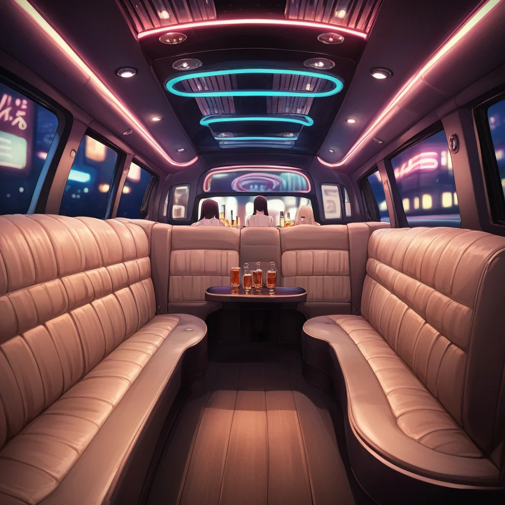 zPDXL2,score_9, score_8_up, score_7_up, score_6_up, score_5_up, score_4_up, source_anime,rating_questionable,multiple girls,looking at viewer, <lora:Limo_Interior:0.8> l1mo, couch, vehicle interior, night, neon lights, limousine, alcohol, bar