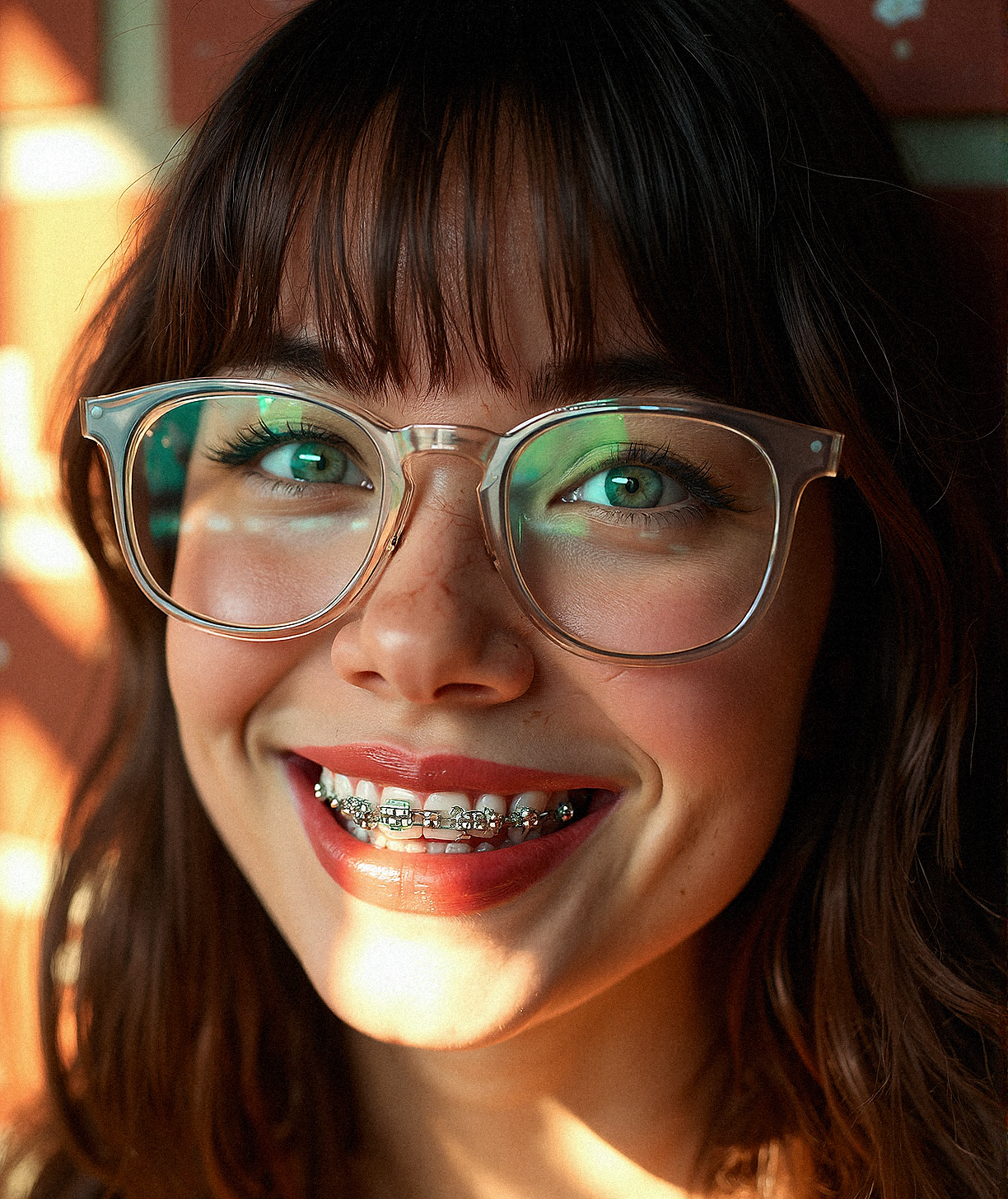 semi-realistic close-up portrait of a nerdy beauty with glasses and braces, (A soft, playful grin that reveals her braces, with the light glinting off the metallic wires, adding a sense of warmth and realism to her expression).

Her glasses are clear-framed, highlighting her expressive (bright aqua eyes). The reflection on the lenses captures subtle details of the surrounding environment without obscuring her gaze. (Side-Swept Bangs with Layers: Long, side-swept bangs that frame the face and blend into long layers), with a few strands catching the natural light, creating a delicate glow. The intricate braces on her teeth, with shiny metallic wires and brackets, add a youthful and relatable touch to her smile. The lighting is soft and natural, possibly from a nearby window, casting gentle highlights on her face, emphasizing the texture of her skin, the smoothness of her lips, and the sparkle in her eyes. Her lips have a natural pink tint, and her eyebrows are neatly shaped, adding definition to her face. The background is softly blurred with a warm-toned brick wall, ensuring that all attention is on her facial features. Focus on capturing every detail with precision—from the shine on her braces to the tiny reflections in her eyes, down to the texture of her skin. The image should evoke a sense of warmth, authenticity, and casual charm, with a high level of realism that makes the viewer feel as if they are standing right in front of her.








