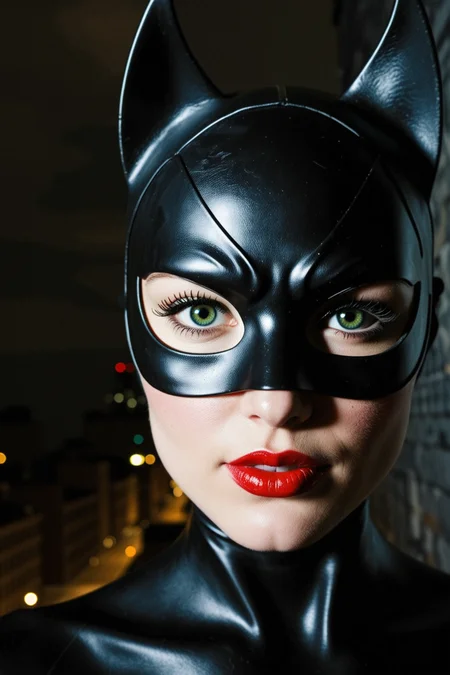 (lomostyle, lomography), The image features a close-up portrait of a woman wearing a sleek, black, textured mask that closely resembles a Catwoman-style or Batwoman-inspired headpiece. The mask covers most of her face, leaving only her striking green eyes, nose, and lips visible. It has two pointed, bat-like ears extending upwards, contributing to a mysterious and powerful aesthetic.
Her eyes are striking, with an intense gaze directed slightly to the side. Her eye makeup is subtle yet well-defined, with long, curled lashes and a hint of eyeliner, enhancing her mysterious expression. The eye hole of the mask is precisely cut, framing her eye perfectly.
Her skin appears flawless, with a smooth and porcelain-like texture. The lighting in the image accentuates the contours of her face, highlighting her cheekbones and the curve of her jawline. The contrast between the dark mask and her fair skin creates a dramatic and visually appealing effect.
Her lips are painted a deep, glossy red, adding a sensual and bold element to the image. The shine on her lips catches the light, making them stand out prominently against the dark background and black mask.
The background is completely black, which enhances the overall dramatic and mysterious atmosphere of the image. The composition is simple yet highly effective, focusing entirely on her face and the details of her mask and makeup.
The overall aesthetic of the image exudes elegance, mystery, and a sense of power, with a strong resemblance to comic book or cinematic portrayals of femme fatale characters like Catwoman or Batwoman.
sexy smirk. (dark cityscape background)