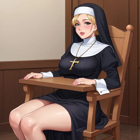 source_anime,  1girl, nun, sitting in a highchair