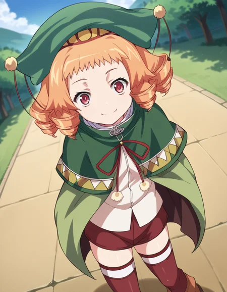 score_9, score_8_up, score_7_up, source_anime,
kuroinuruuruu, <lora:kuroinu-ruu-ruu-ova-ponyxl-lora-nochekaiser:1>,
ruu ruu, orange hair, drill hair, red eyes,
thighhighs, hat, cloak, shirt, white shirt,
outdoors, smile,
looking at viewer, cowboy shot, dutch angle, solo,