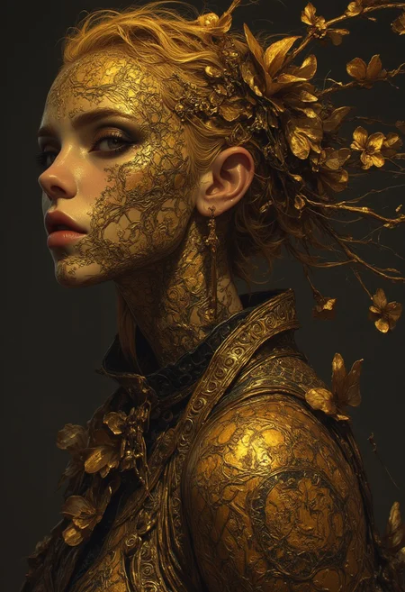 Golden statue of a woman, her skin composed of delicate, textured gold flakes, with chrome and golden flowers intricately woven into her hair, her eyes gleaming with a warm, golden light, wearing a majestic, windy-blown ornate gown with tattered, metallic petals, reminiscent of a dark, dystopian world, her face and shoulders illuminated by a soft, ambient glow, as if radiating an otherworldly energy, in the styles of Royo's dark, mystical realism, Artgerm's hyper-detailed, metallic sheen, and Lovecraft's eerie, atmospheric tension, with meticulous attention to intricate textures, dramatic shading, and a sense of haunting, ethereal beauty.