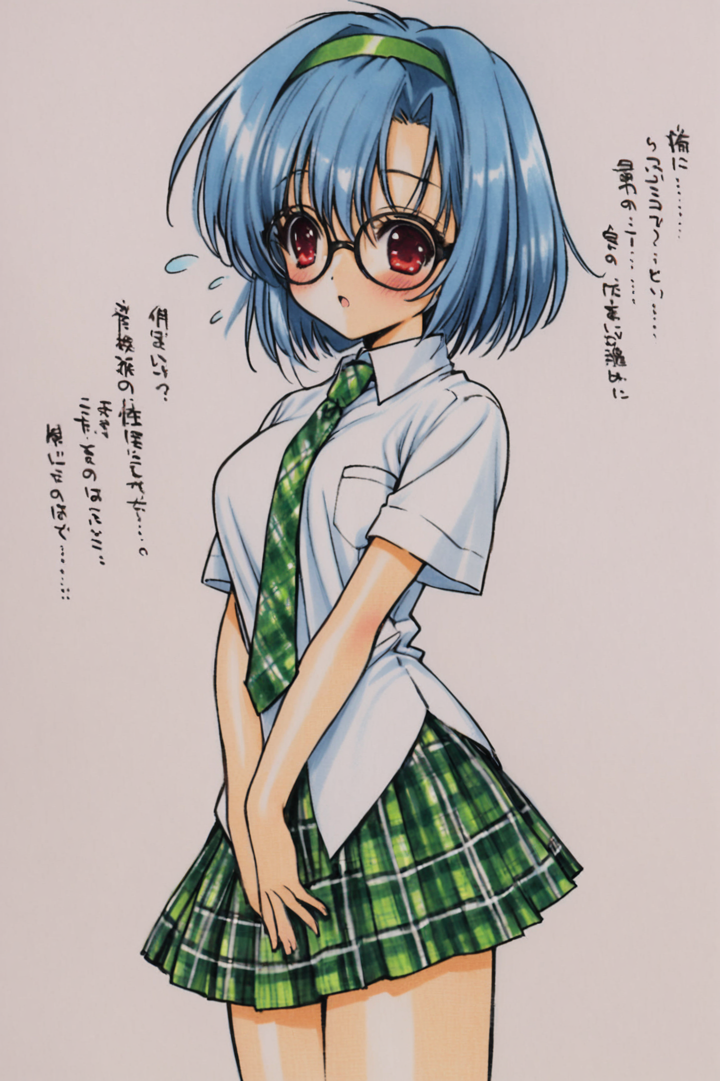 1girl,skirt,glasses,plaid,plaid skirt,necktie,hairband,blue hair,red eyes,short hair,shirt,school uniform,pleated skirt,blush,green skirt,short sleeves,plaid necktie,simple background,white shirt,traditional media,green hairband,green necktie,flying sweatdrops,<lora:Ramiya Ryou_XL:0.8>,