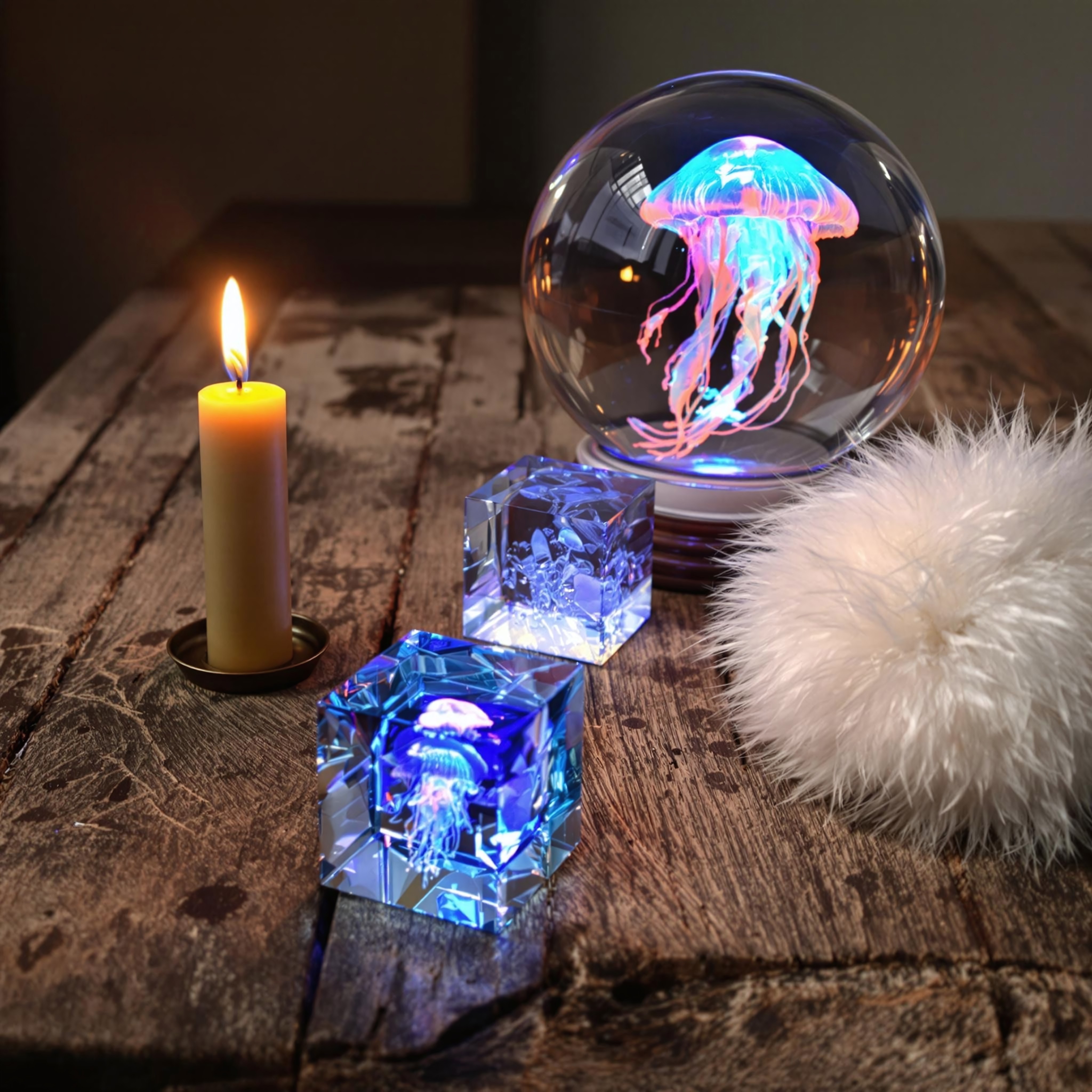 
A rustic wooden table with visible grain lines, scratches, and aged scuffs. On one end of the table, a medium-sized candle burns steadily, casting a warm golden flame and soft light. At the other end, a clear glass globe contains a blue-glowing, living jellyfish with translucent, bluish luminescence, creating faint light patterns. Next to it, a Brazilian blue topaz cube catches the candlelight, refracting pale blue glimmers. Beside the cube, a soft, velvety white fur ball with rich texture and individual fibers catches the warm candlelight. The scene is illuminated only by the candle's light with no external lighting. The background is muted and blurred, emphasizing a serene and magical atmosphere with soft shadows and intimate realism.