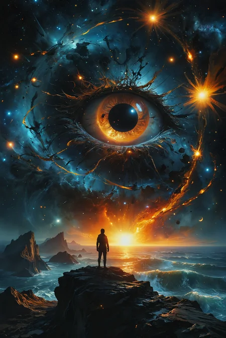 Depict a brutal cosmic event unfolding in the vastness of space. A sun is gradually being absorbed by a black hole, its fiery surface stretched and twisted as it's pulled into the abyss. Observing from a distant planet, the viewer is filled with helplessness, witnessing the cataclysmic spectacle. The distortion of time and space creates a surreal atmosphere, with light bending and stars warping around the event horizon. The entire scene feels unreal, almost artificial, raising the question: could this truly be happening? The viewer's perception is challenged as reality itself seems to break down in the presence of such a monumental event.
hyperdetailed photography, masterpiece, best quality, high quality, highres, ultra-detailed, best quality, 8K, high resolution, extreme detail,
<lora:add-detail-xl:2>  <lora:MJ52:0.5>   <lora:tbh199-sdxl:0.5> style of Rosina Wachtmeister